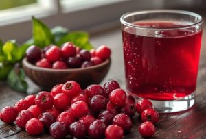 Горсть свежей клюквы и стакан клюквенного сока